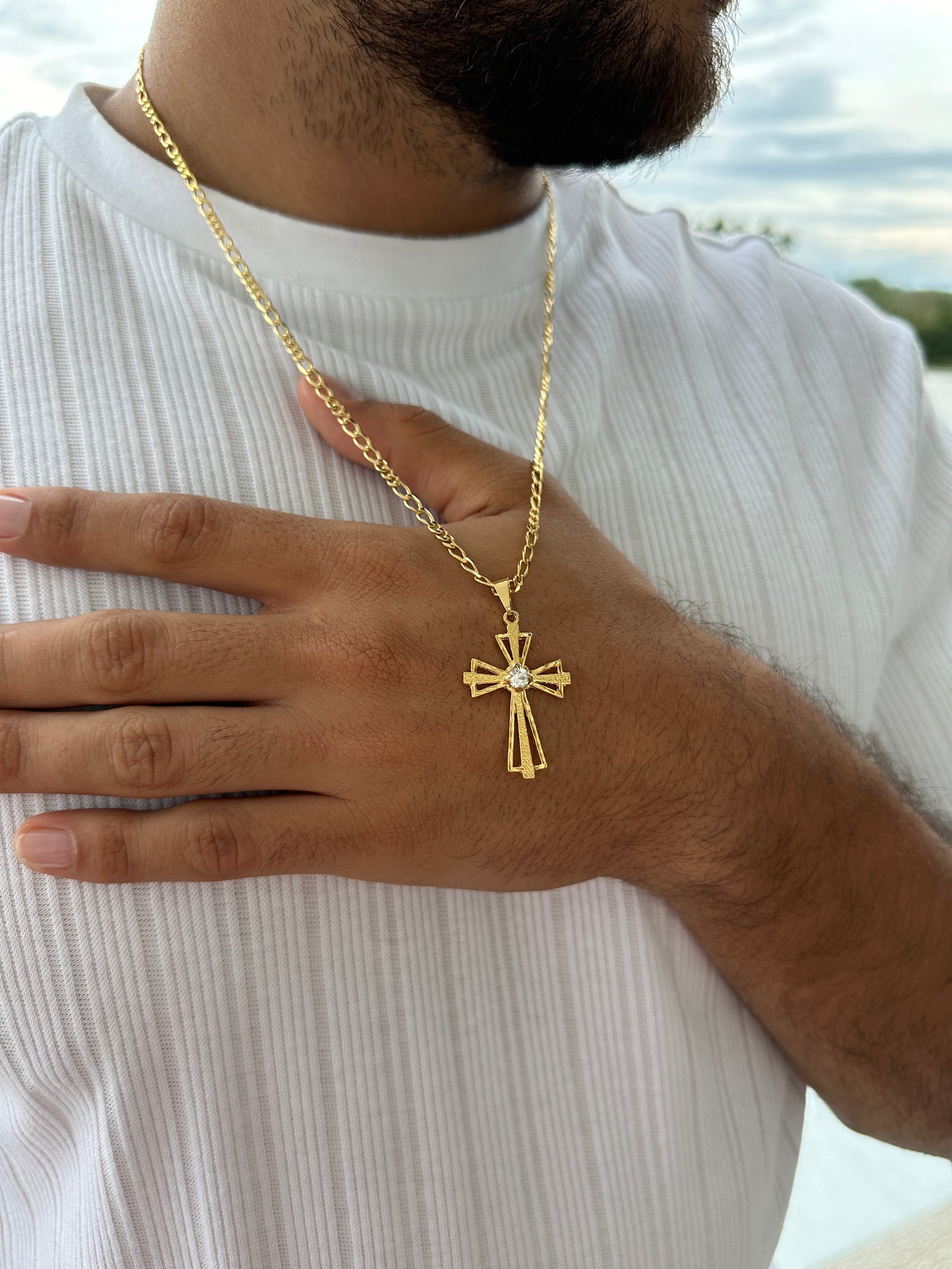 Cadena 3x3 3mm 60cm + Colgante Cruz Piedra Central